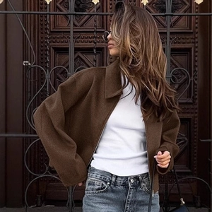Women's vintage dark brown cropped wool jacket with lapel collar and drop shoulders