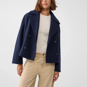 Navy blue double-breasted short wool coat with wide lapels and long sleeves for women