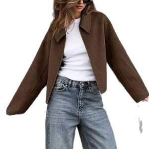 Short brown lapel jacket for women in casual vintage style with wool-like texture