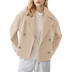Short beige wool-blend pea coat with wide lapel and double-breasted buttons