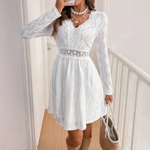 Women Elegant White Eyelet Lace Mini Dress V Neck Long Sleeve A-Line Hollow Out Embroidery Vacation Sun Dress For Ladies