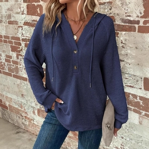 Women's blue waffle knit hoodie with V-neck buttons and drawstring casual loose fit