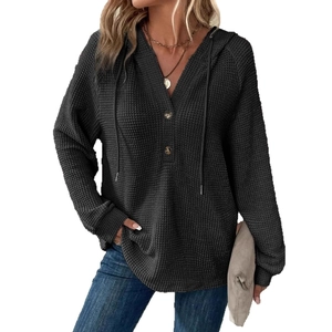 Women's dark grey waffle-knit hoodie with V-neck button detail and black drawstring
