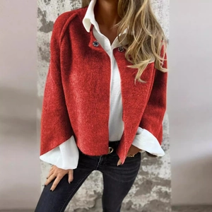 Fashionable red cashmere batwing sleeve short jacket with decorative dark buttons