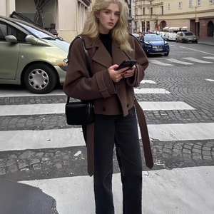 Women Wide Lapel Polyester Alpaca Wool Blend Short Coat Double Breasted Belted Jacket Casual Urban Elegant Outerwear Top