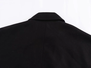 Detail view of black wool coat showing back collar construction and thick fabric texture