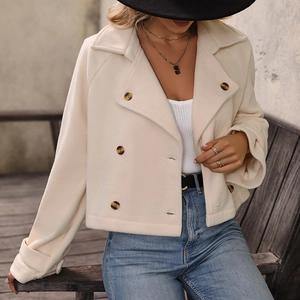 Short double-breasted cream wool coat with large lapels and stylish tortoise buttons