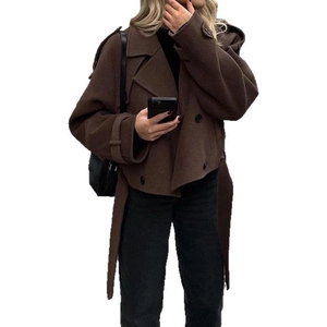 Women's 2025 dark brown short wool coat with large lapel, double-breasted design, and belt