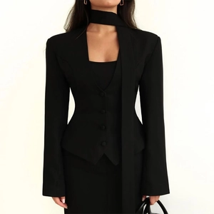 Veste Blazer Femme Couleur Unie Col en V Col Écharpe Manches Longues Coupe Slim Décontractée Boutonnage Simple Top Chic