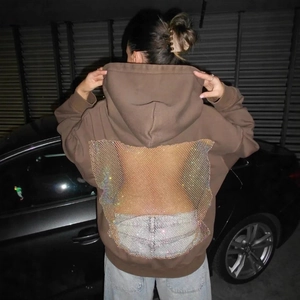 Brauner rückenfreier Hoodie mit funkelndem Strass-Netz-Ausschnitt für Streetstyle-Mode