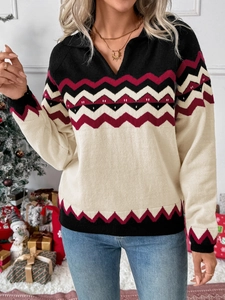 Pull en tricot pour femme avec col en V, motif à vagues vintage et design patchwork tricolore