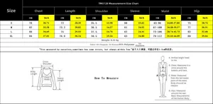 Size chart for the long sleeve hooded bodysuit with detailed measurements for S to XL sizes