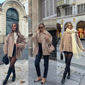 Drei Ansichten eines beigen Wollmantels, kombiniert mit diversen urbanen Outfits