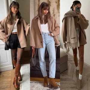 Detailansicht des camel Wollmantels mit Revers in verschiedenen herbstlichen Outfits