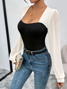 Detail of slim fit square neck bodysuit with contrast knit sleeves and ribbed body