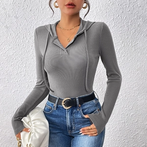 Women's grey long sleeve hooded bodysuit in ribbed knit fabric with buttoned henley neckline