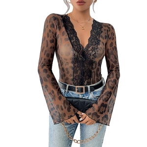 Leopard print sheer mesh bodysuit with lace trim and long flared sleeves for women