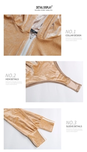 Detail of high-waist velour jumpsuit showing hooded zipper neckline and ribbed cuffs