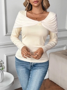 Elegant off-shoulder long sleeve top for women with chic pleated detail and slim fit