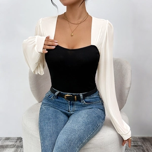 Slim fit square neck bodysuit with black ribbed bodice and white puff sleeves