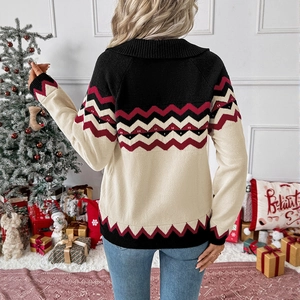 Pull en tricot rétro pour femme avec motif géométrique festif et col polo élégant