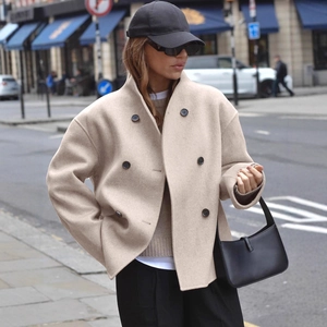 Dames Casual Double Breasted Wollen Jas Effen Kleur Revers Lange Mouw Losse Overjas Oversized Britse Stijl Mode Jack