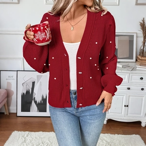 Elegant red V-neck cardigan with pearl embellishments and silver buttons for women