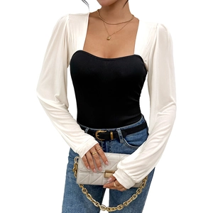 Elegant slim fit square neck bodysuit with black knit body and white puff sleeves