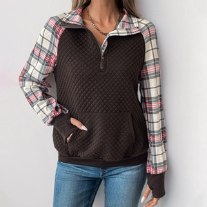 Deep brown quilted pullover sweatshirt with retro plaid splicing and half-zip collar design