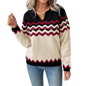 Pull en maille géométrique pour femme avec col POLO rétro et design bicolore