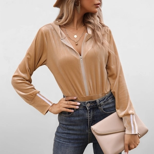 Women's Velvet Bodysuit Long Sleeve Hooded Zipper Jumpsuit Solid Color Khaki Elegant Tight Slim Fit Leotard Athletic Top