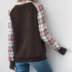 Women's autumn plaid patchwork sweatshirt with quilted texture and long sleeves back view