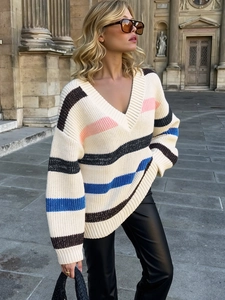 Oversized striped V-neck sweater with long sleeves in casual loose knit style for women