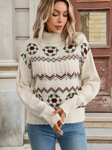 Detail of winter turtleneck knit sweater with retro geometric jacquard pattern on off-white