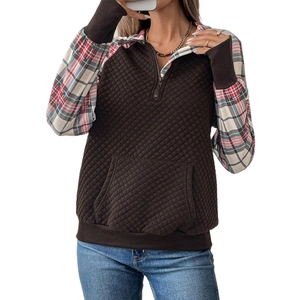 Women's autumn pullover hoodie with brown quilted texture and vintage plaid sleeves
