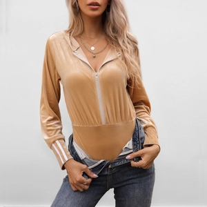 Slim fit velvet long sleeve bodysuit with half-zipper and white stripes on sleeves