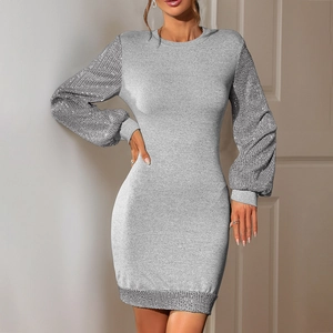 Robe Courte Élégante à Paillettes pour Femme avec Manches Lanterne Coupe Ajustée Col Rond Tricot Fête Cocktail Manches Longues Gris