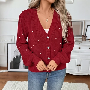 Women V Neck Artificial Pearl Embellished Knit Cardigan Sweater With Floral Buttons Lantern Sleeve Red Holiday Party Top