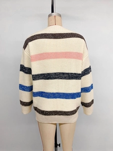 Detail view of multicolored striped knit sweater back with ribbed cuffs and hem