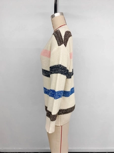 Detailed close-up of chunky knit texture and colorful stripes on the oversized V-neck sweater