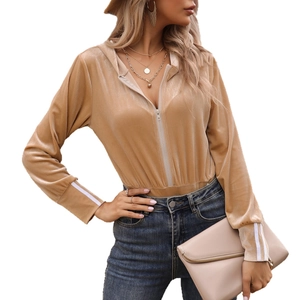 Slim fit khaki velvet hooded zip-up sweatshirt with athletic striped sleeves for women
