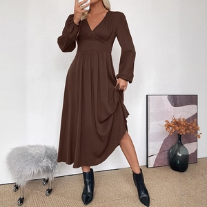 Brown V-neck long sleeve midi dress with high waist pleats in an elegant French style