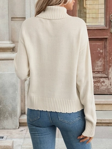 Detailed back view of a beige turtleneck knit sweater with ethnic jacquard patterns