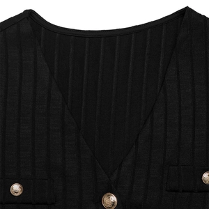 Detail of ribbed knit cardigan with gold crown embossed buttons and small pocket accents
