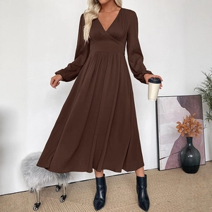 Brown V-neck long sleeve midi dress with high waist pleats in an elegant French style