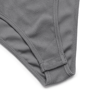 Close-up of grey ribbed knit fabric showing fine texture and durable stitched seams