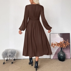 Elegant coffee brown V-neck long sleeve midi dress with smocked waist and lantern sleeves