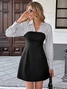 Detail of elegant two-piece style dress with striped shirt collar and slim fit bodice