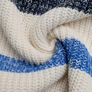 Close-up of thick knit texture and blue striped pattern on a loose V-neck sweater