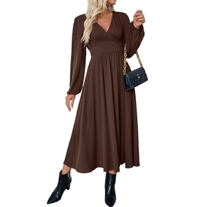Elegant brown V-neck long sleeve maxi dress with high waist pleats and A-line silhouette
